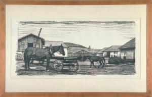 Bauernhof mit zwei Pferden und Karren by Schnyder Albert
