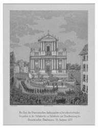 Der Zug des französischen Ambassadors und der schweizerischen Gesandten in die Stiftskirche zu Solothurn zur Beschwörung des französischen Bünndnisses, 25 August 1777. by Binder R.