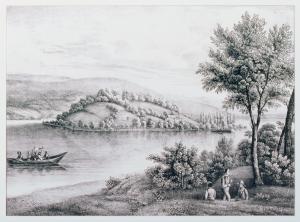 Ansicht der St. Petersinsel im Bielersee, l'isle de St. Pierre sur le lac de Bienne. by Frey Samuel