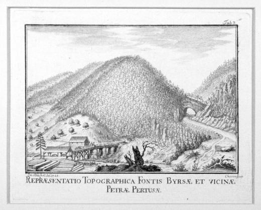 Repraesentatio topographica fontis Byrsae et vicinae / Petrae Pertusae ( Birsquelle) by Büchel Emanuel