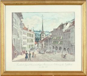 Ansicht beim Brunnen vor Erbauung der Nydeckbrücke in Bern by Zimmer Karl Friedrich Christian
