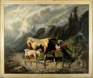 Kuh und Ziege im Sturm by Calame Humbert Julien