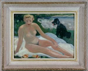Femme nue et caniche noir by Bille Edmond
