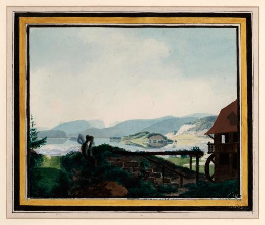 Ansicht der St. Petersinsel von Lattrigen aus (Rechts im Vordergrund eine Mühle) by Bloesch Pugnet Dr Caesar A.