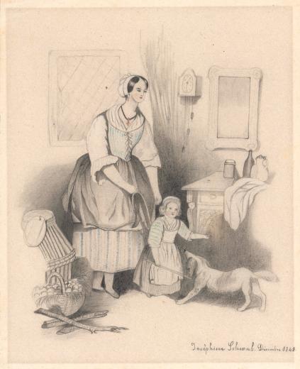 Mutter und Kind mit Hund in einem Zimmer by Bloesch - Schwab Fanny Louise Joséphine