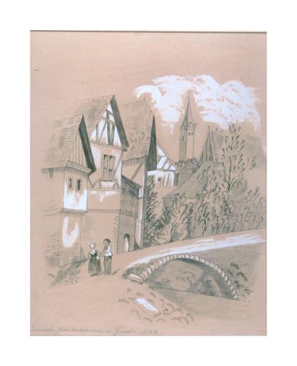 Dorfpartie mit Brücke und fig. Staffage by Bloesch - Schwab Fanny Louise Joséphine